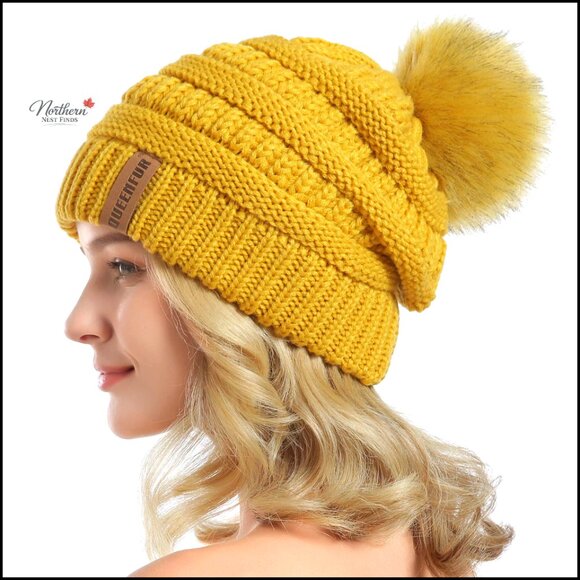 Accessories - Slouchy Knit Beanie with Removable Faux Fur Pompom, One Size Fits Most